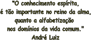 "O conhecimento espírita,
é tão importante no reino da alma,
quanto a alfabetização 
nos domínios da vida comum."
André Luiz